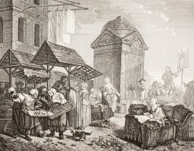 De markt op de Place Maubert, Parijs, in de 18e eeuw, naar een werk van Jeaurat, uit 